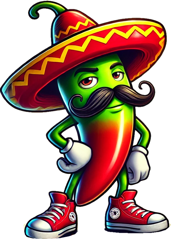 Jalapeño SB mascot: a jalapeño with a mustache, sombrero and red sneakers